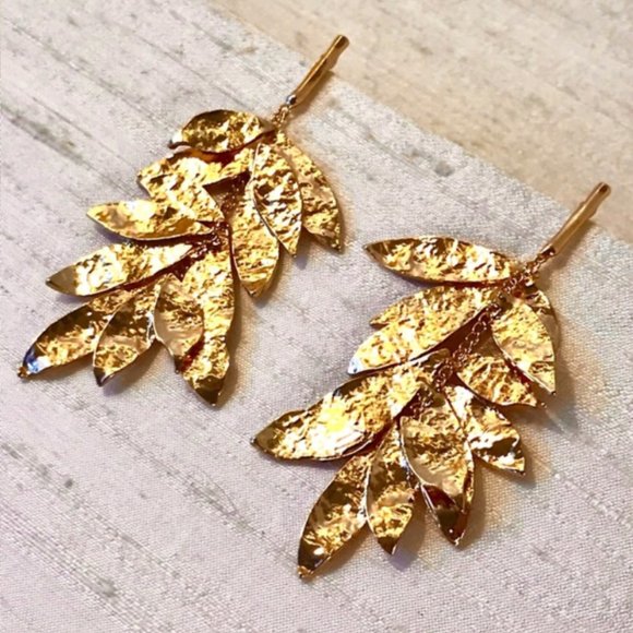 Golden Metal Leaves Statement Earrings - Picture 1 of 7